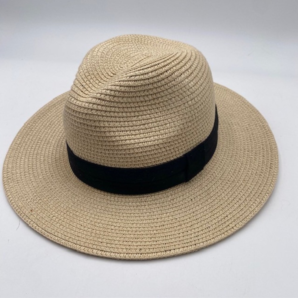 Solar Escape Straw Fedora Hat Womens One Size Tan Black Woven Sun Summer Beach